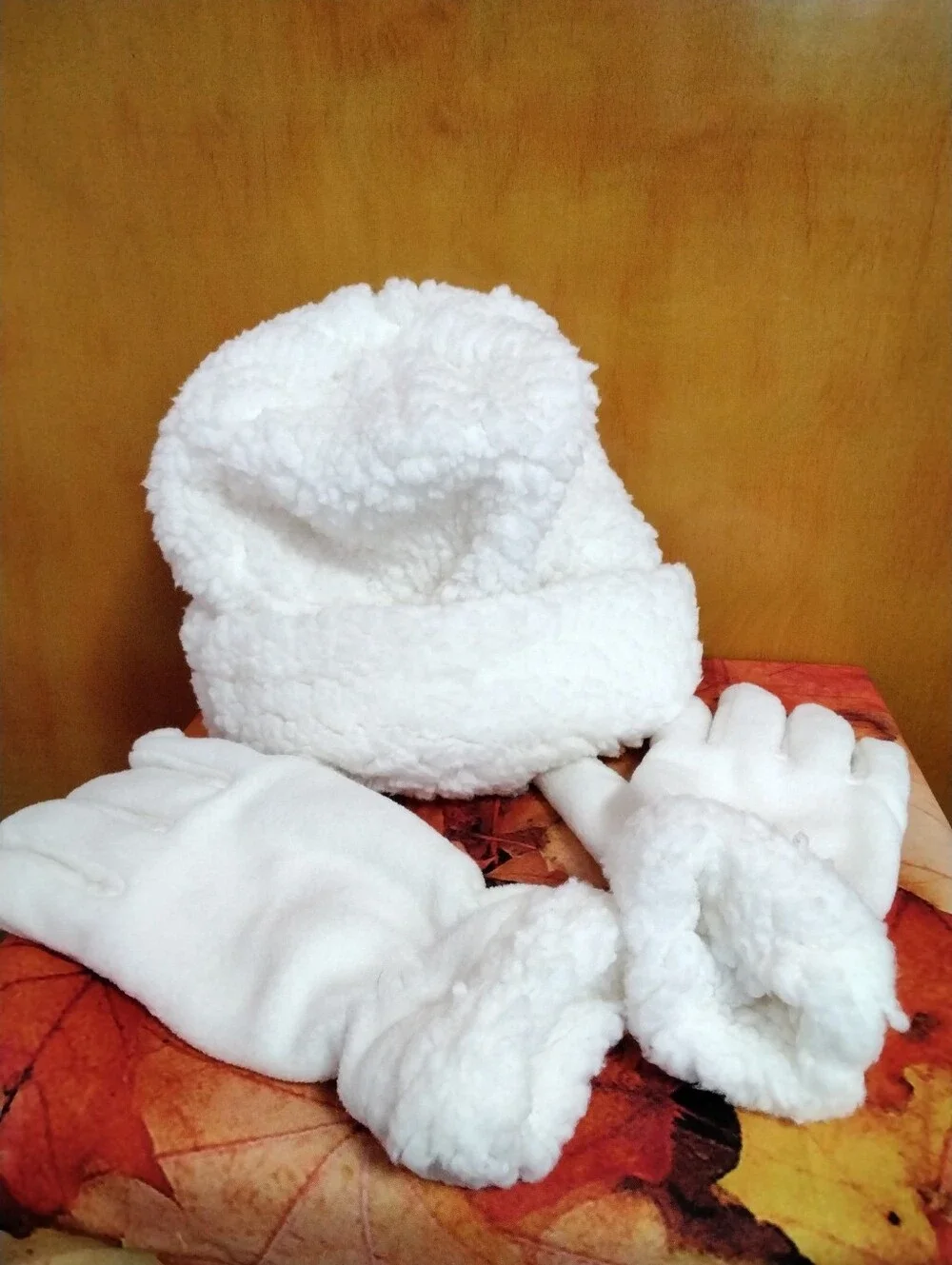 Cozy White womans Winter Hat and Gloves set